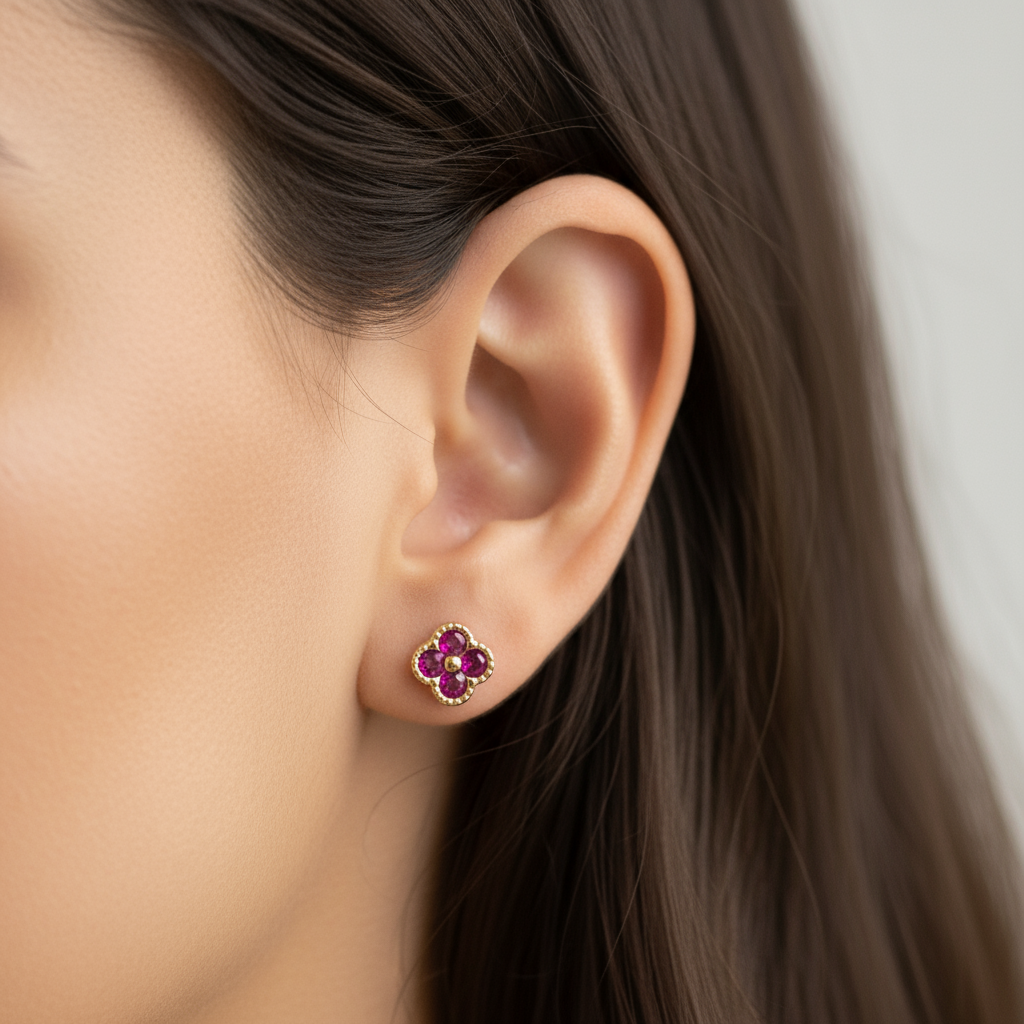 18K Gold Over 925 Sterling Silver Dainty Four Leaf Clover Fushia CZ Stud Earrings
