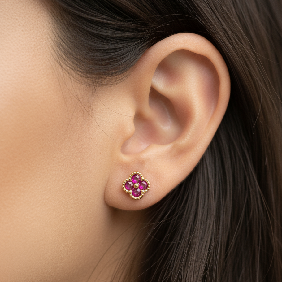 18K Gold Over 925 Sterling Silver Dainty Four Leaf Clover Fushia CZ Stud Earrings