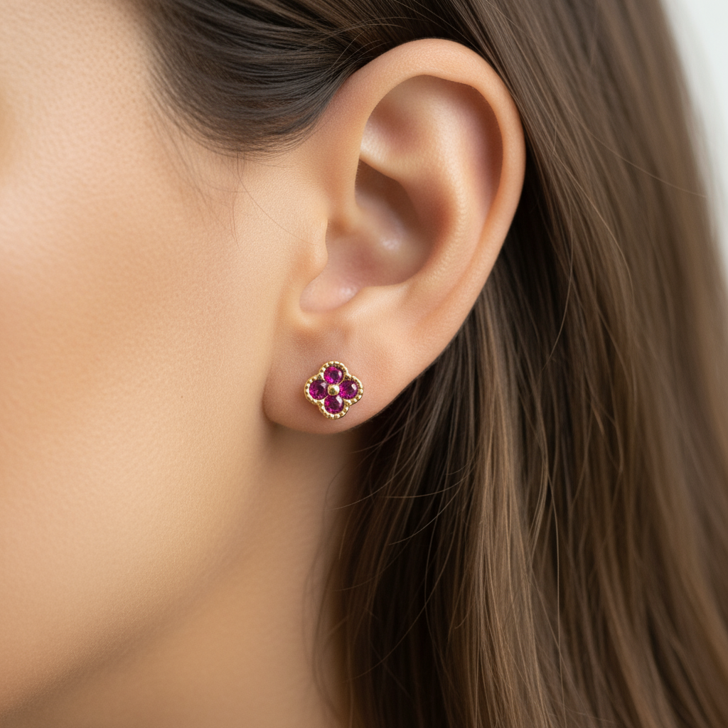 18K Gold Over 925 Sterling Silver Dainty Four Leaf Clover Fushia CZ Stud Earrings