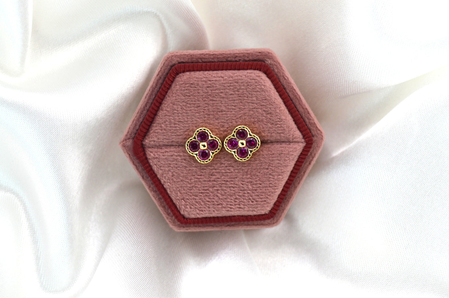 18K Gold Over 925 Sterling Silver Dainty Four Leaf Clover Fushia CZ Stud Earrings