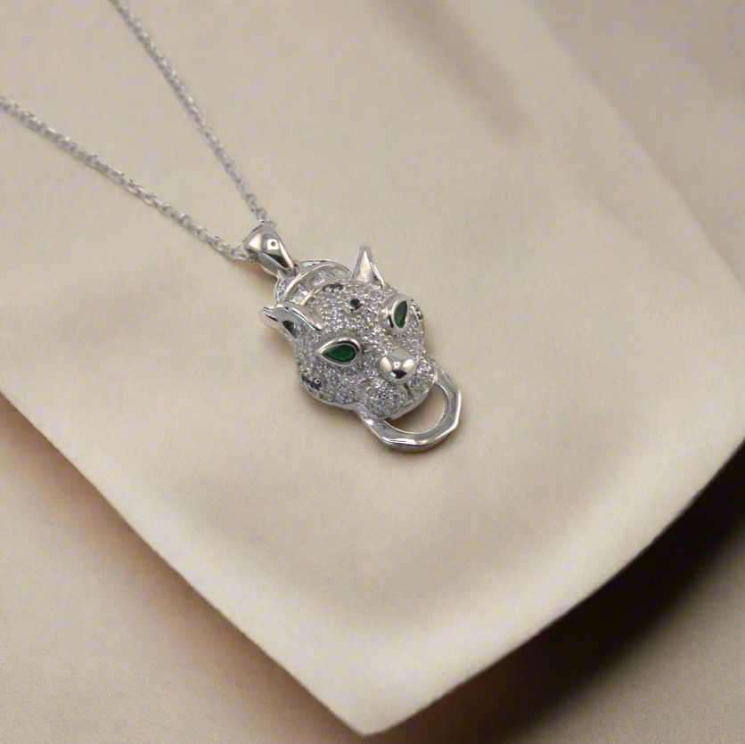 925 Sterling Silver Leopard/Jaguar Green Eyed CZ Necklace