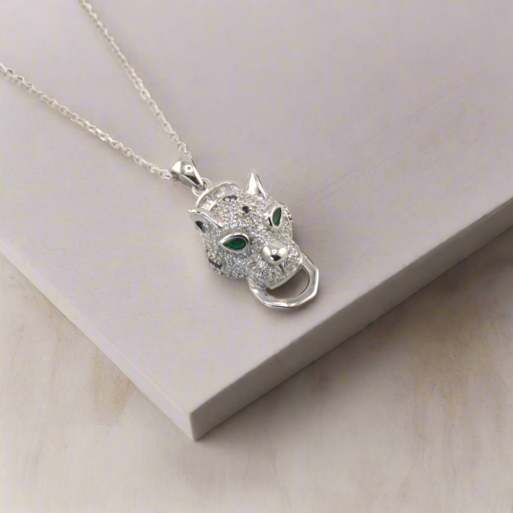 925 Sterling Silver Leopard/Jaguar Green Eyed CZ Necklace