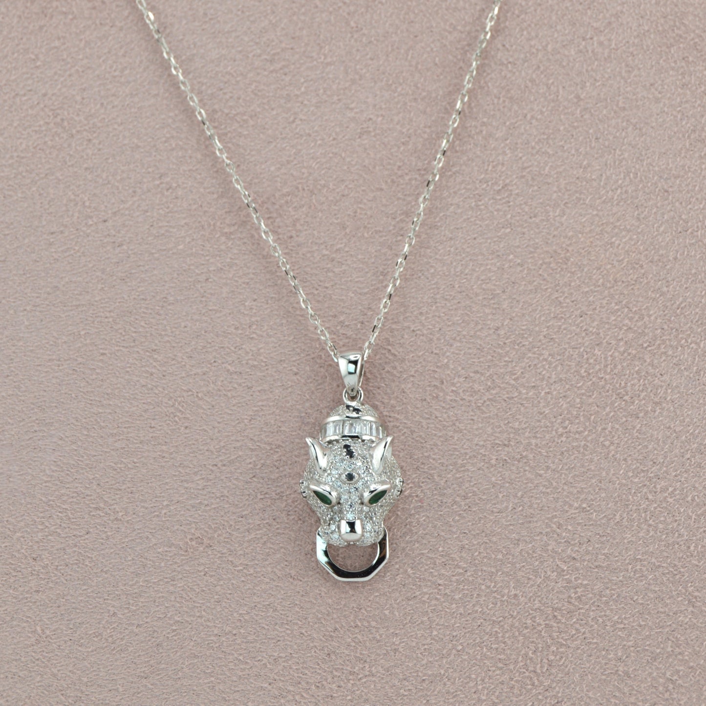 925 Sterling Silver Leopard/Jaguar Green Eyed CZ Necklace