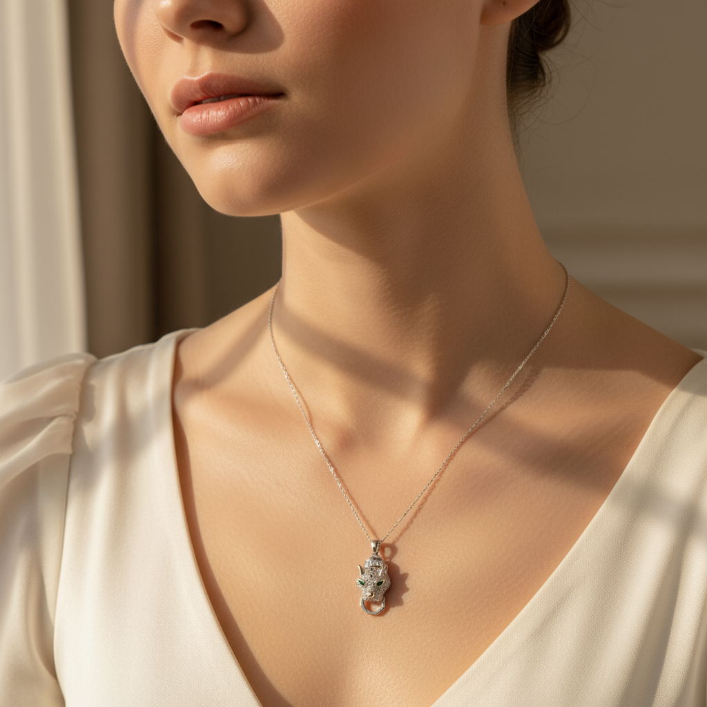 925 Sterling Silver Leopard/Jaguar Green Eyed CZ Necklace