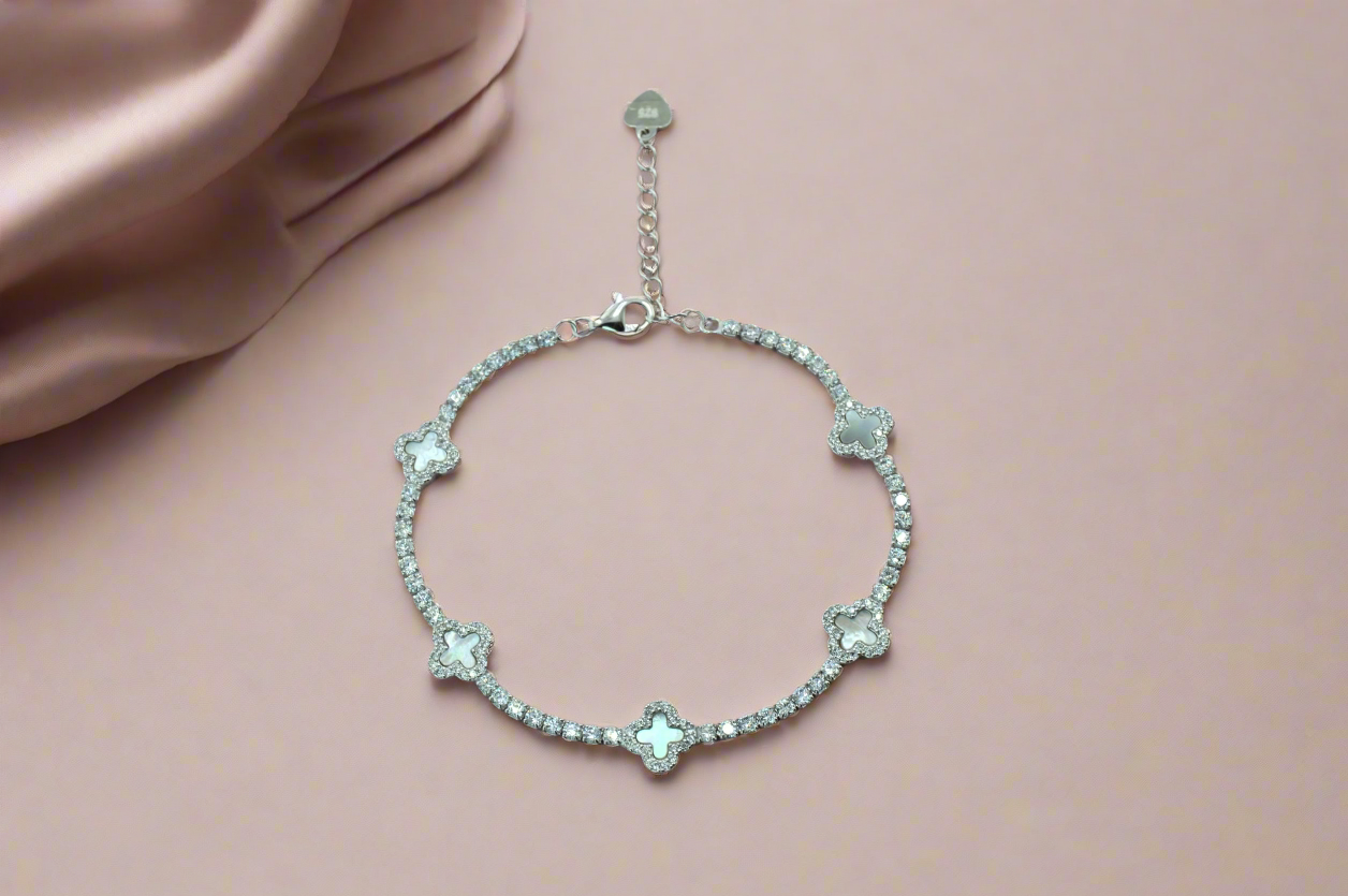 925 Sterling Silver Mother of Pearl Dainty Clover Tennis Bracelet