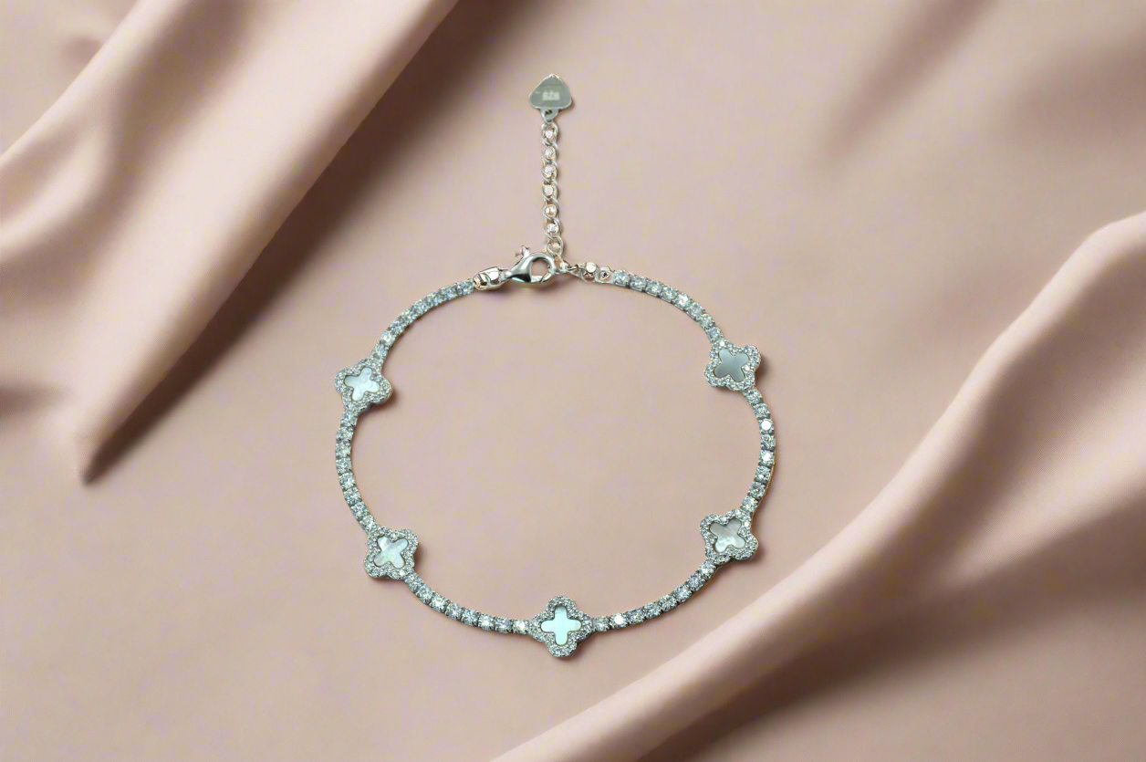 925 Sterling Silver Mother of Pearl Dainty Clover Tennis Bracelet