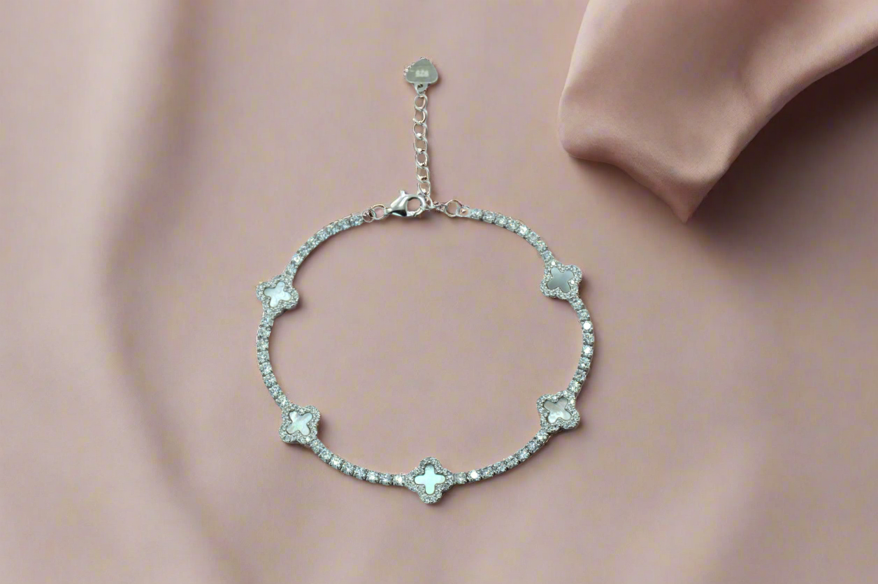 925 Sterling Silver Mother of Pearl Dainty Clover Tennis Bracelet