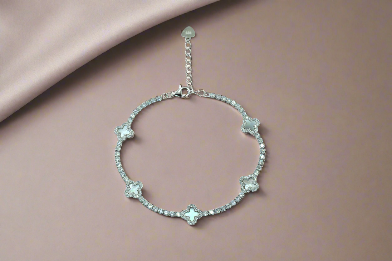 925 Sterling Silver Mother of Pearl Dainty Clover Tennis Bracelet
