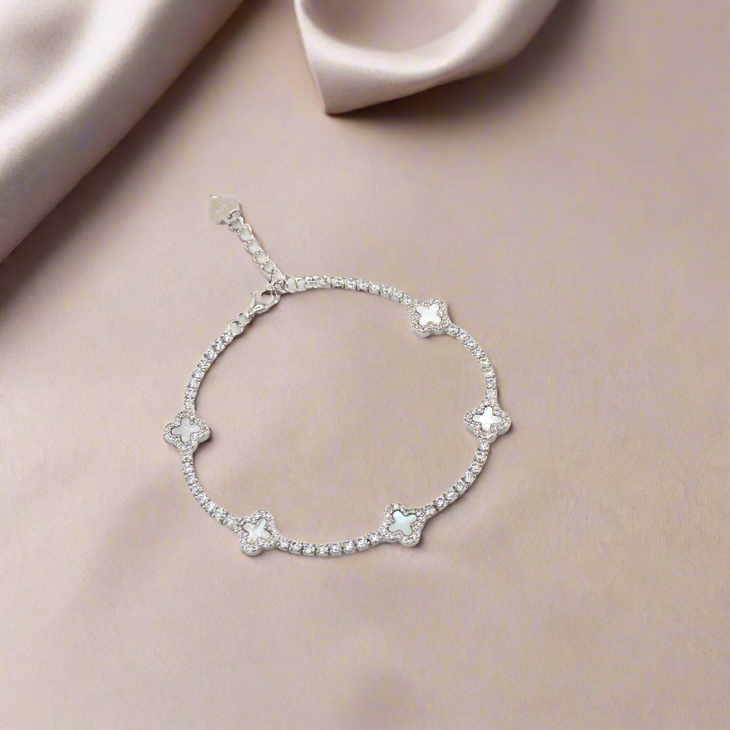 925 Sterling Silver Mother of Pearl Dainty Clover Tennis Bracelet