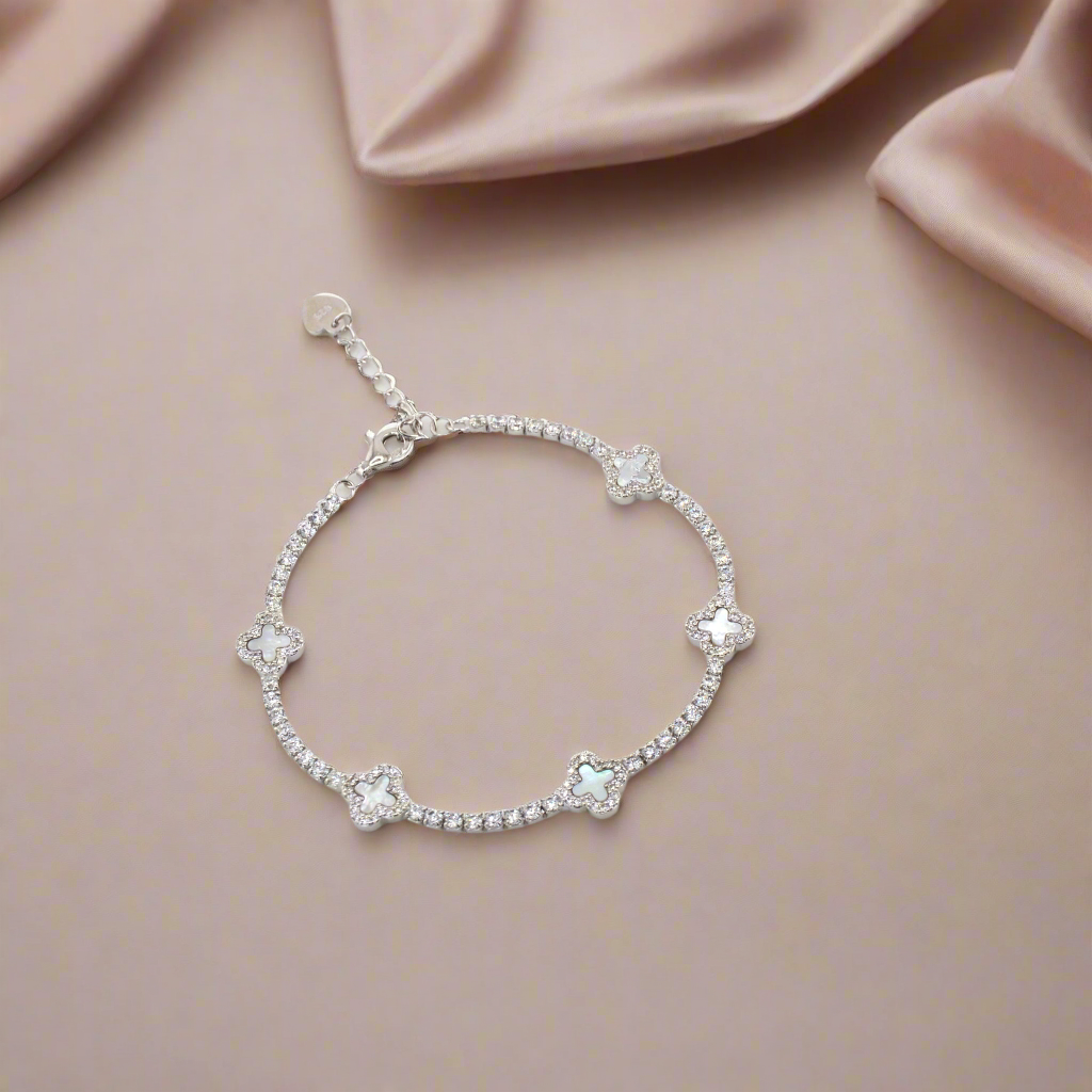 925 Sterling Silver Mother of Pearl Dainty Clover Tennis Bracelet