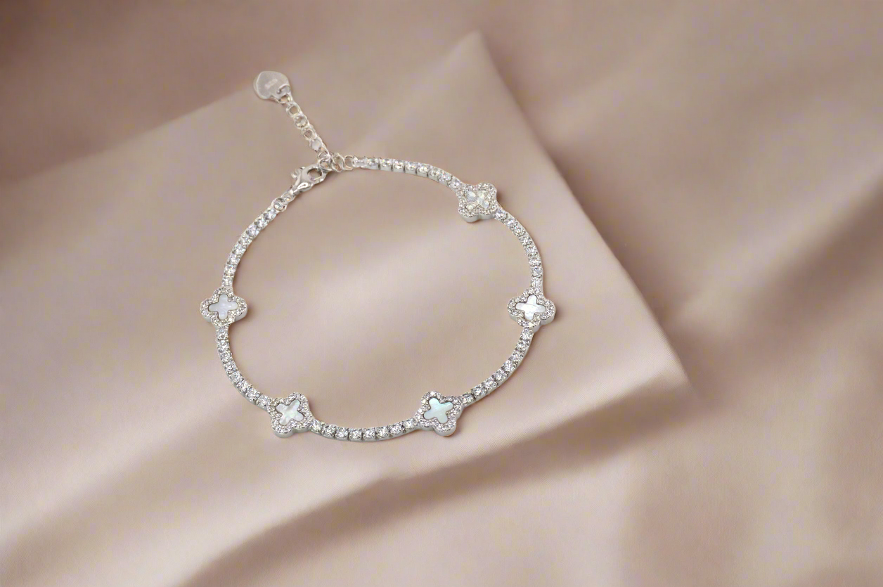 925 Sterling Silver Mother of Pearl Dainty Clover Tennis Bracelet