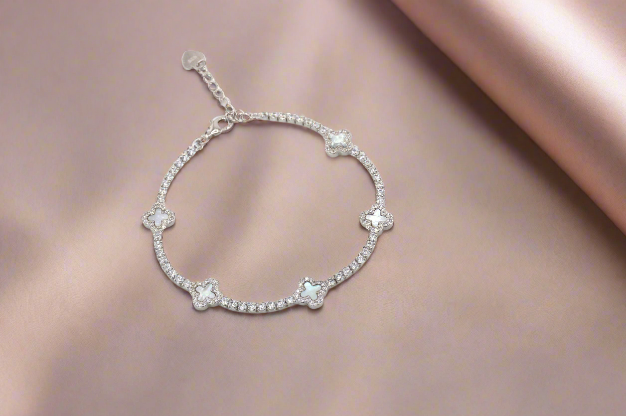 925 Sterling Silver Mother of Pearl Dainty Clover Tennis Bracelet