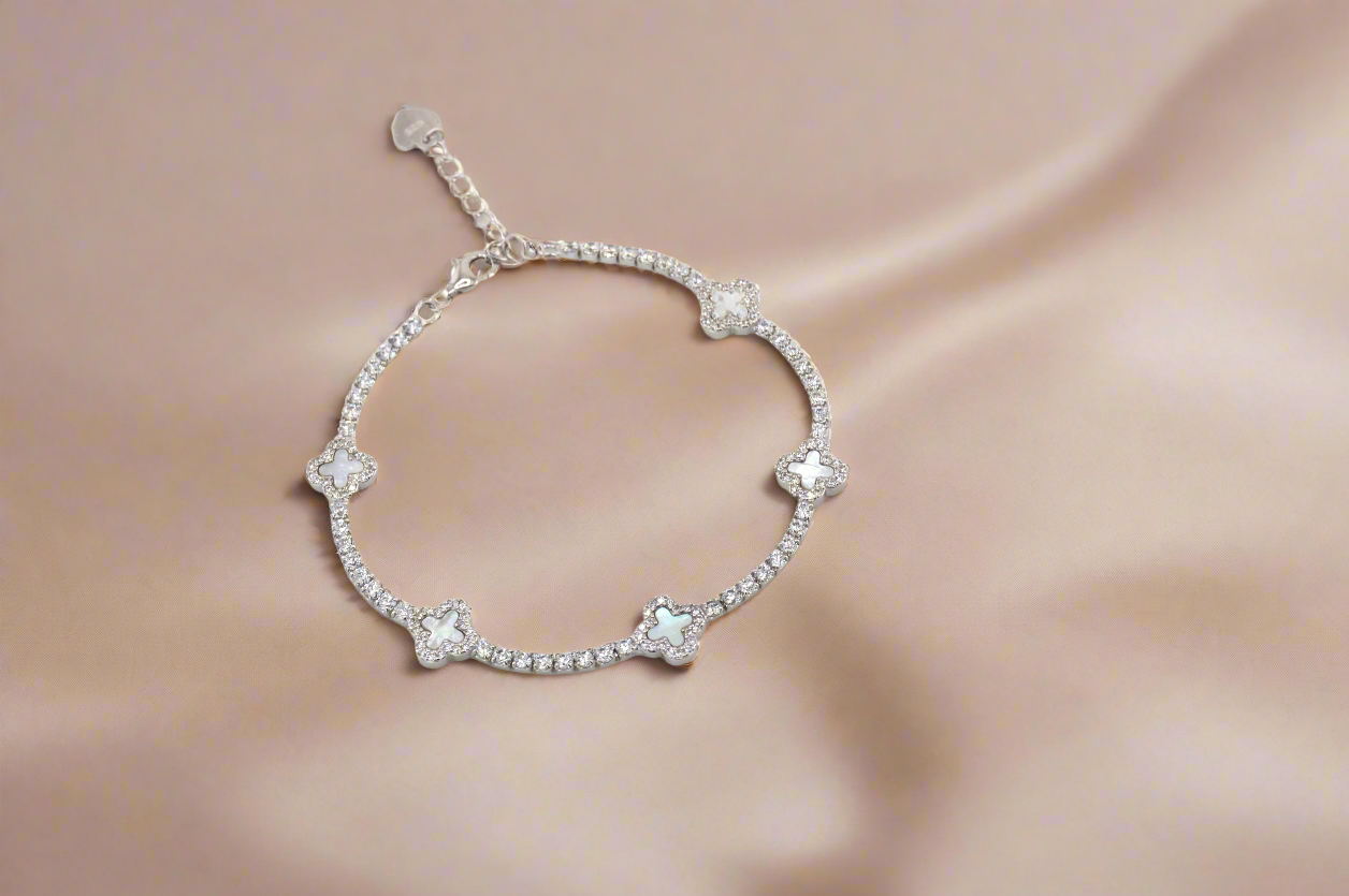 925 Sterling Silver Mother of Pearl Dainty Clover Tennis Bracelet