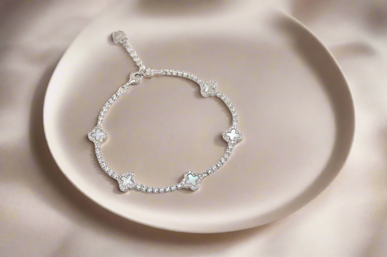 925 Sterling Silver Mother of Pearl Dainty Clover Tennis Bracelet