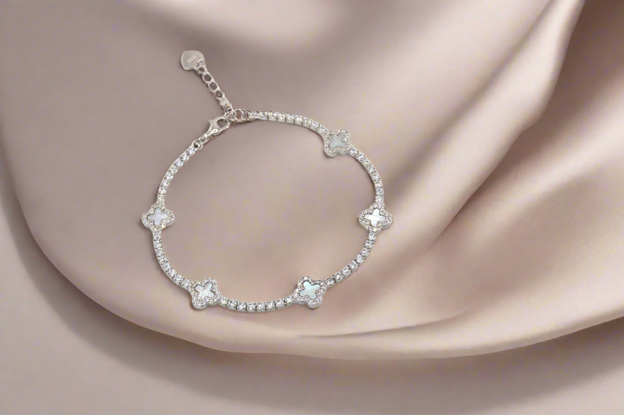 925 Sterling Silver Mother of Pearl Dainty Clover Tennis Bracelet