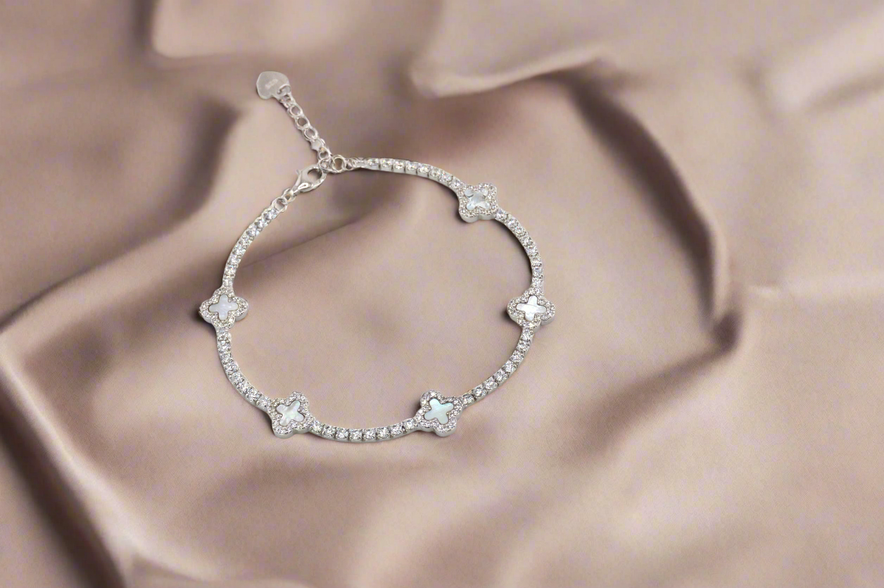 925 Sterling Silver Mother of Pearl Dainty Clover Tennis Bracelet