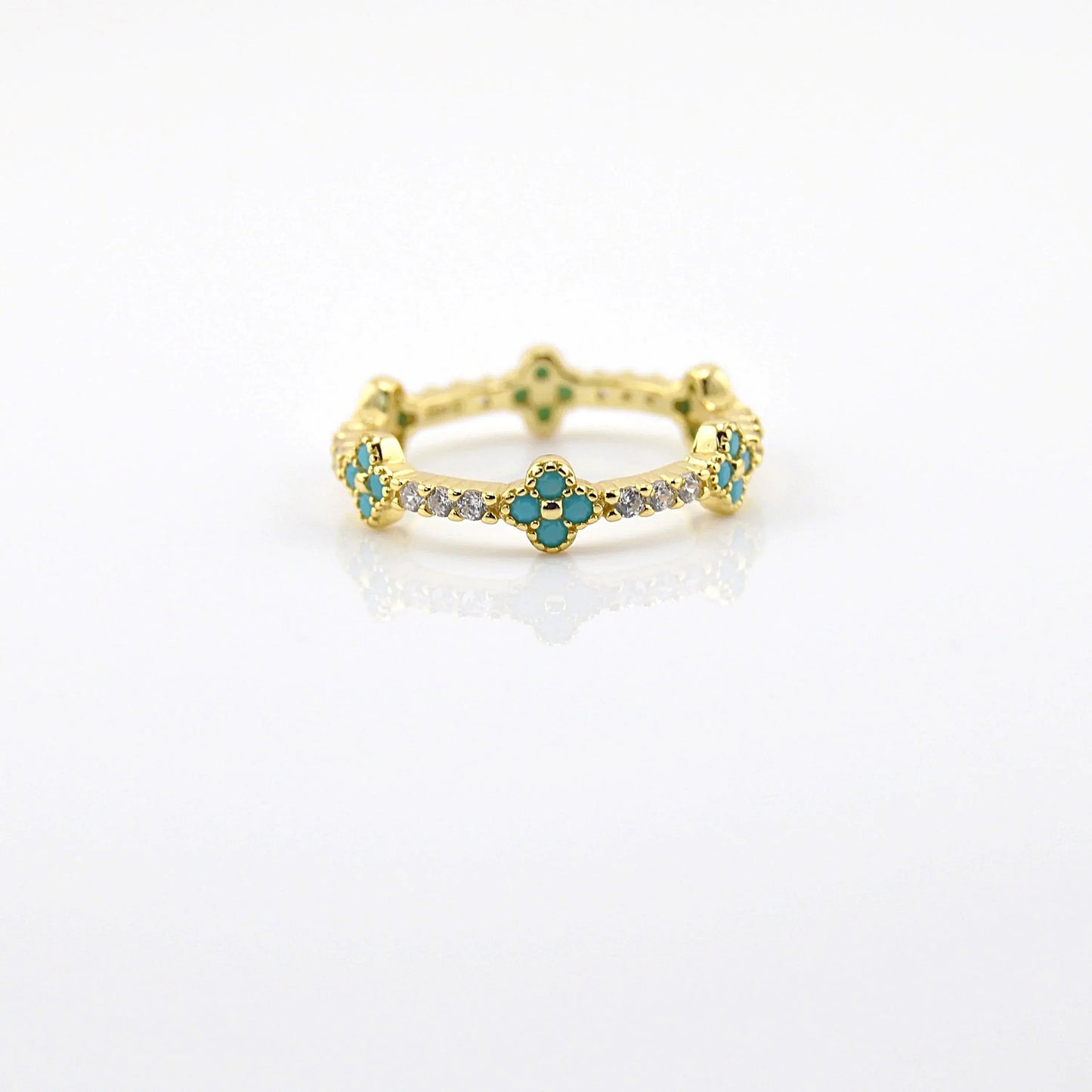 925 Sterling Silver Full Eternity Dainty Turquoise Blue Clover Ring