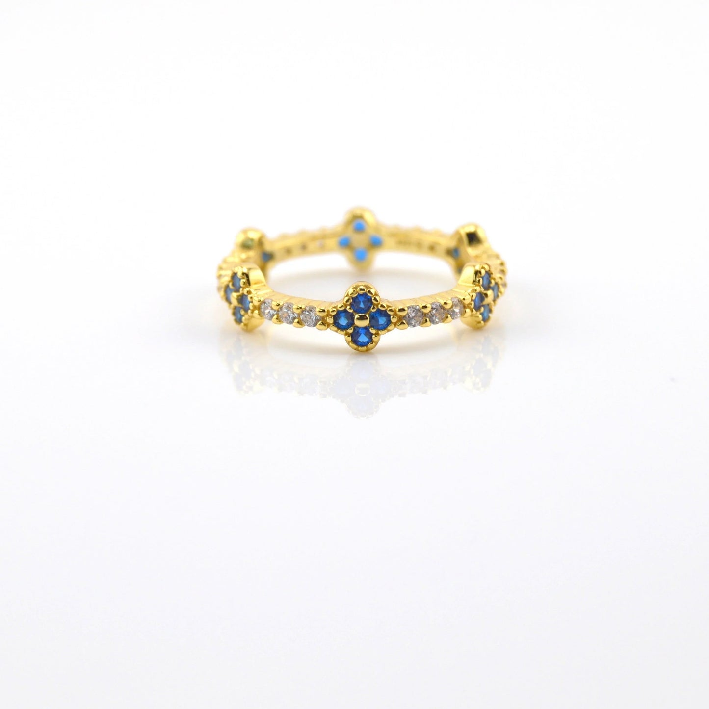 925 Sterling Silver Full Eternity Dainty Royal Blue Clover Ring