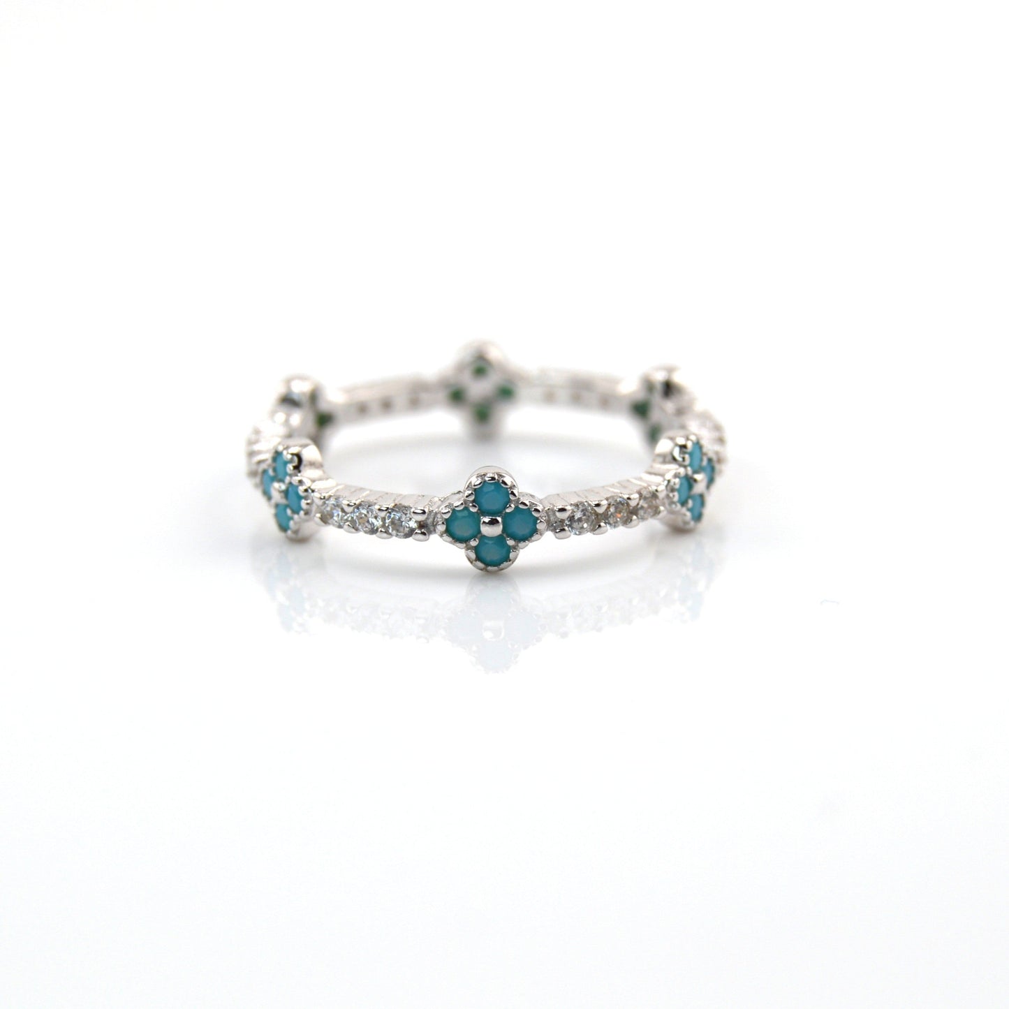 925 Sterling Silver Full Eternity Dainty Turquoise Blue Clover Ring