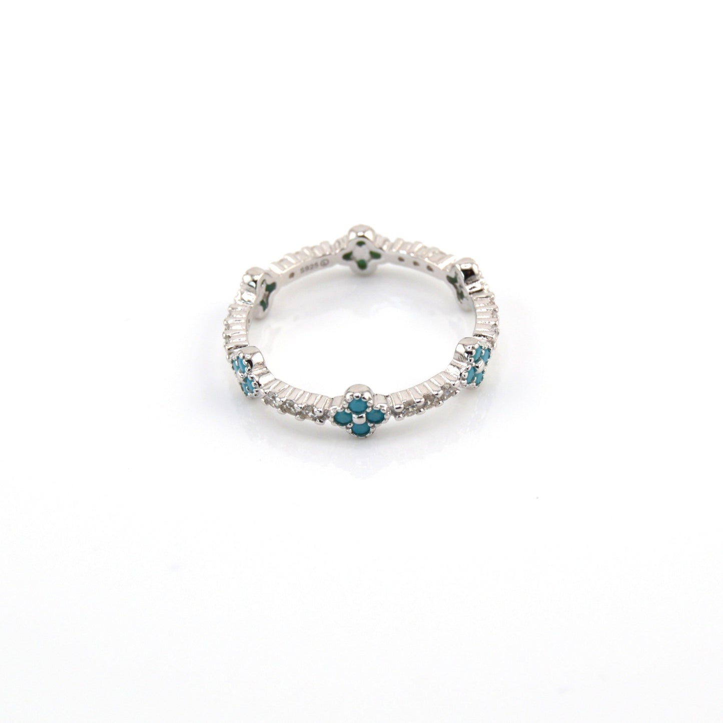 925 Sterling Silver Full Eternity Dainty Turquoise Blue Clover Ring