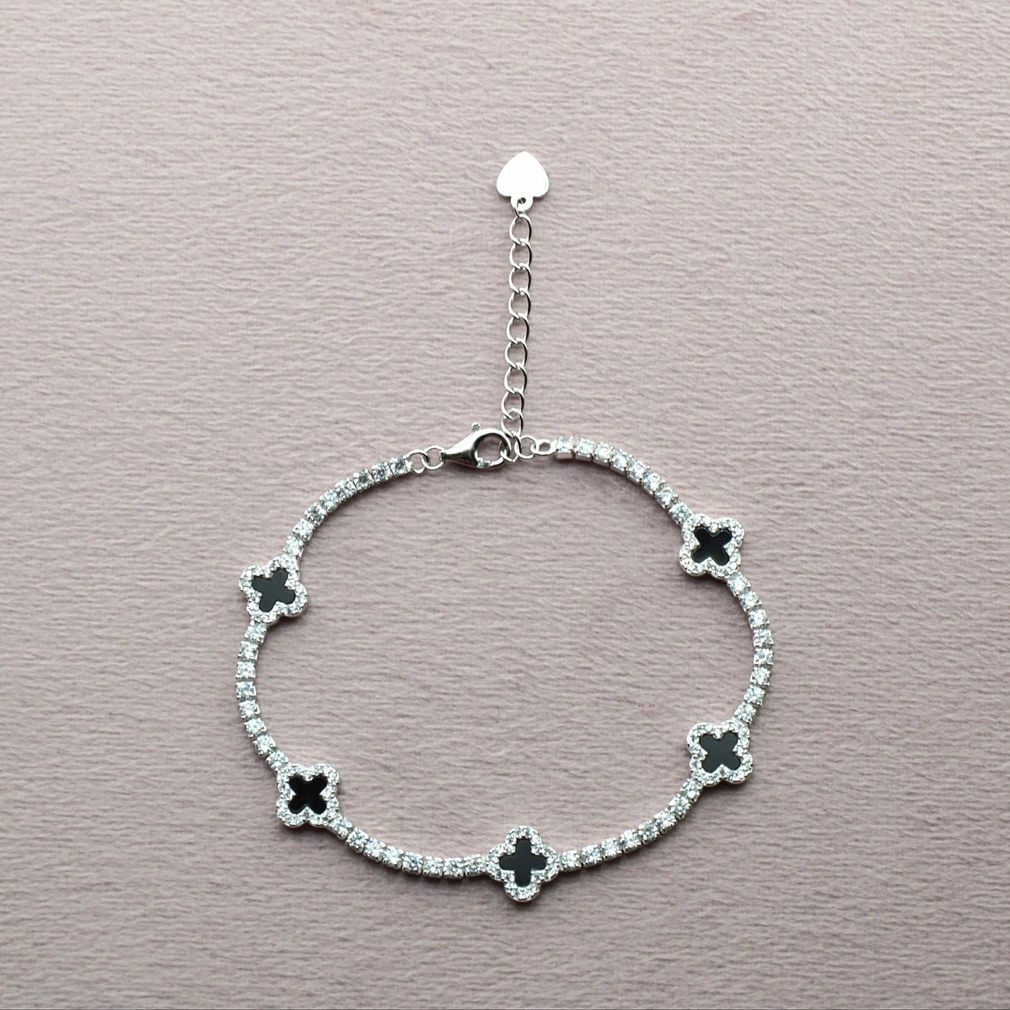 925 Sterling Silver Black Dainty Clover Tennis Bracelet