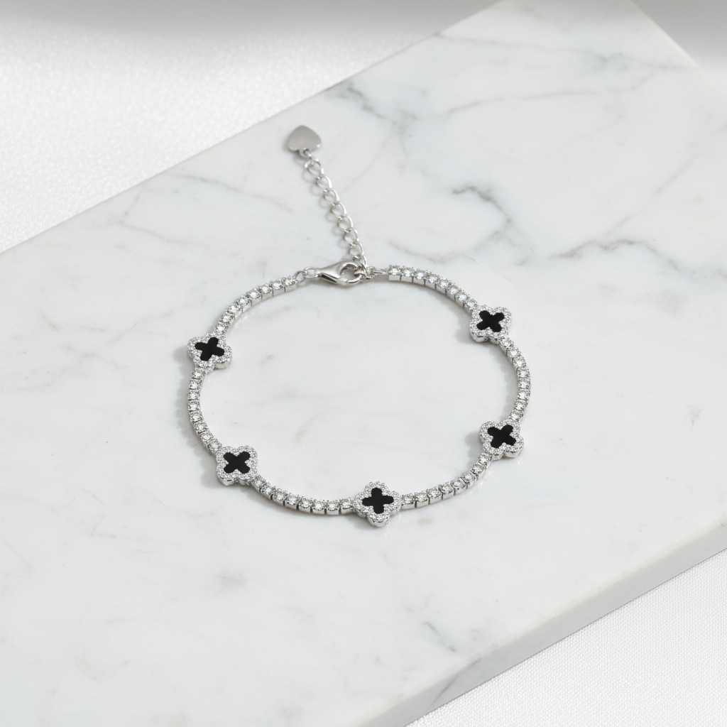 925 Sterling Silver Black Dainty Clover Tennis Bracelet