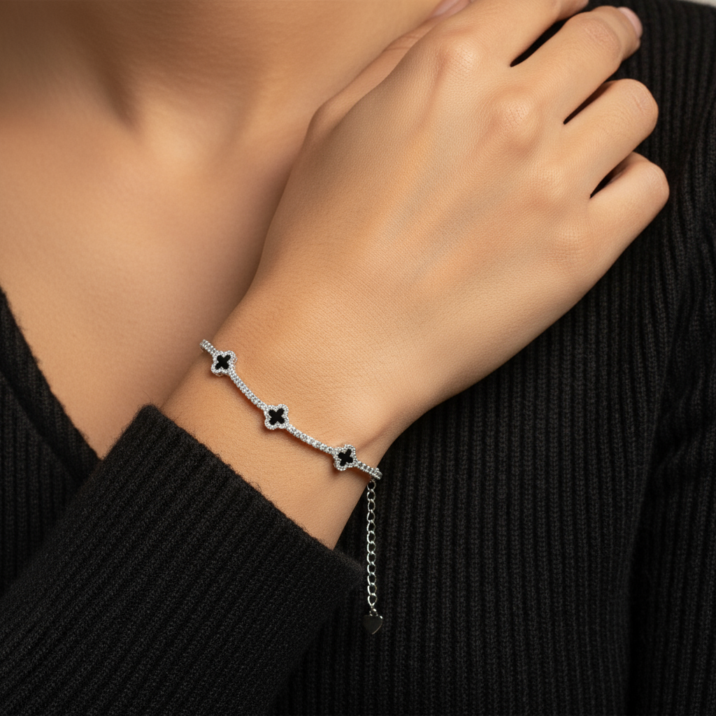925 Sterling Silver Black Dainty Clover Tennis Bracelet