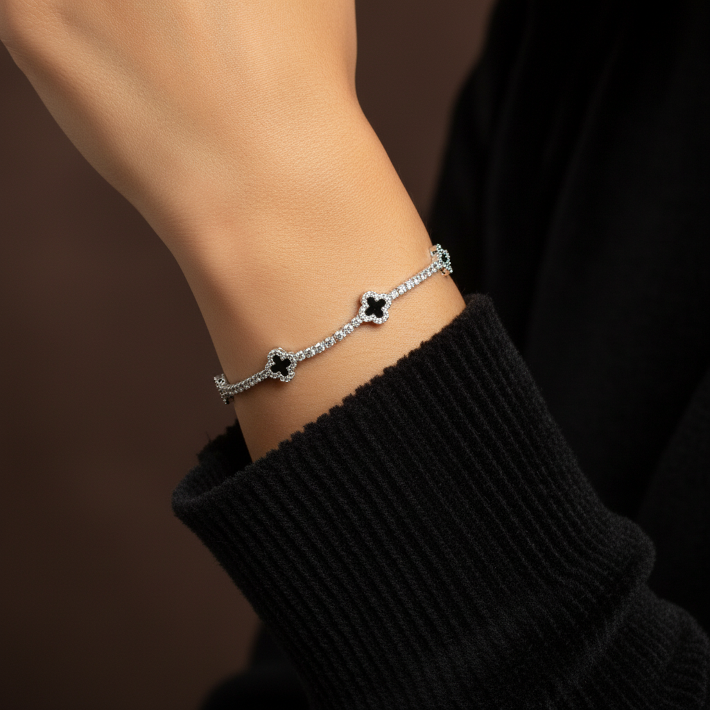 925 Sterling Silver Black Dainty Clover Tennis Bracelet