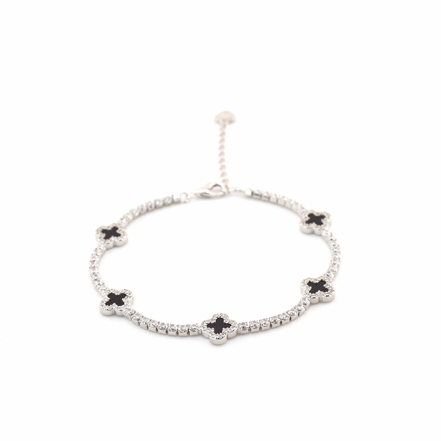 925 Sterling Silver Black Dainty Clover Tennis Bracelet
