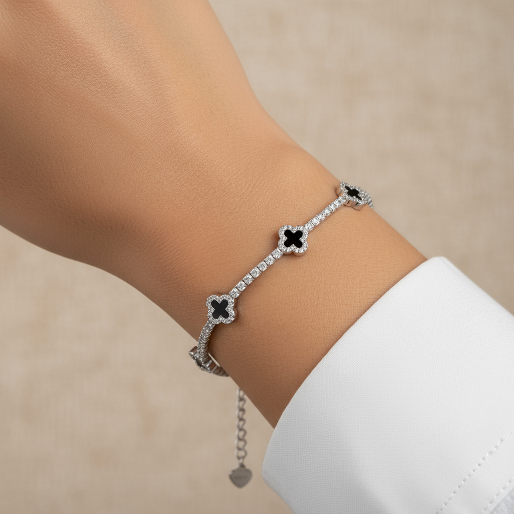 925 Sterling Silver Black Dainty Clover Tennis Bracelet