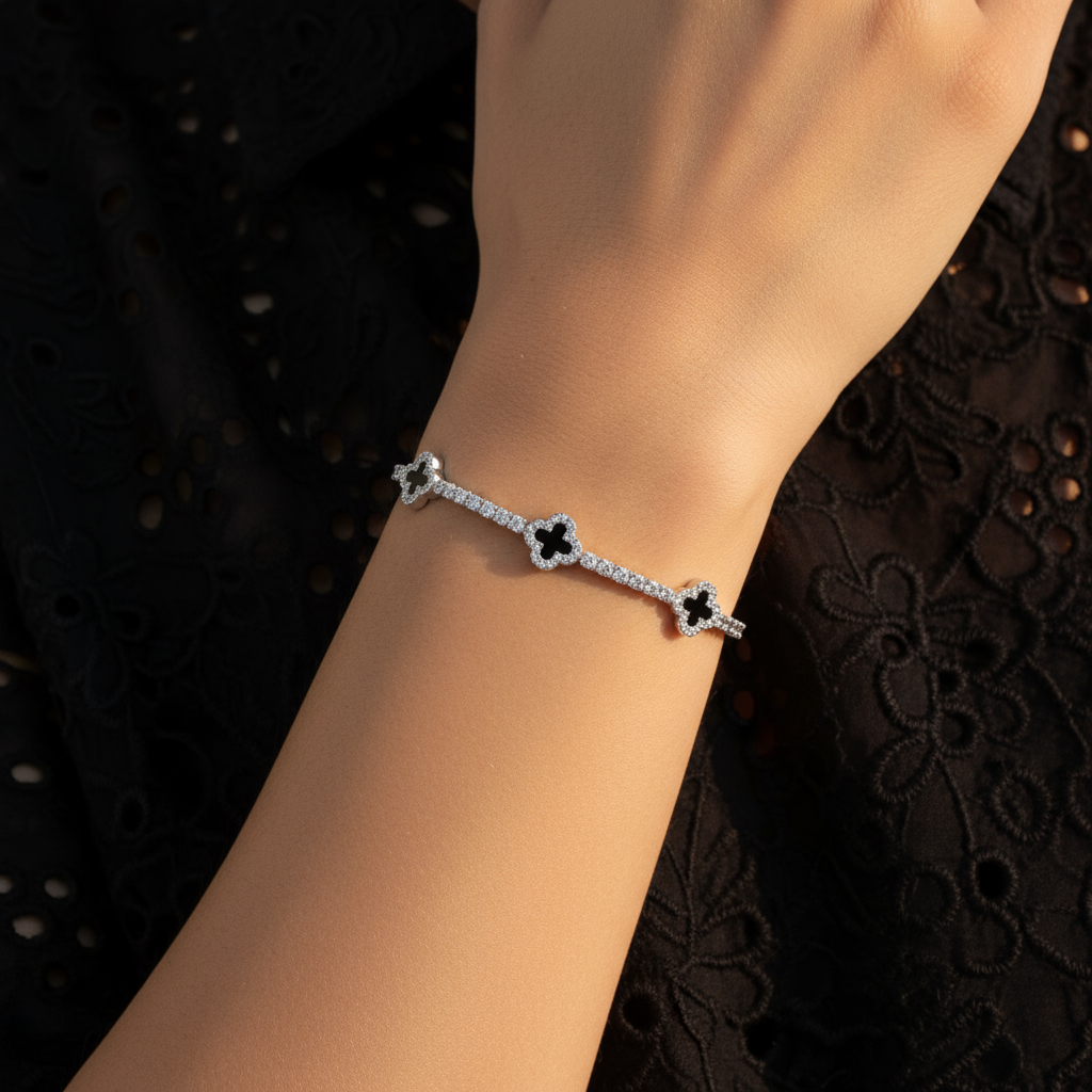 925 Sterling Silver Black Dainty Clover Tennis Bracelet