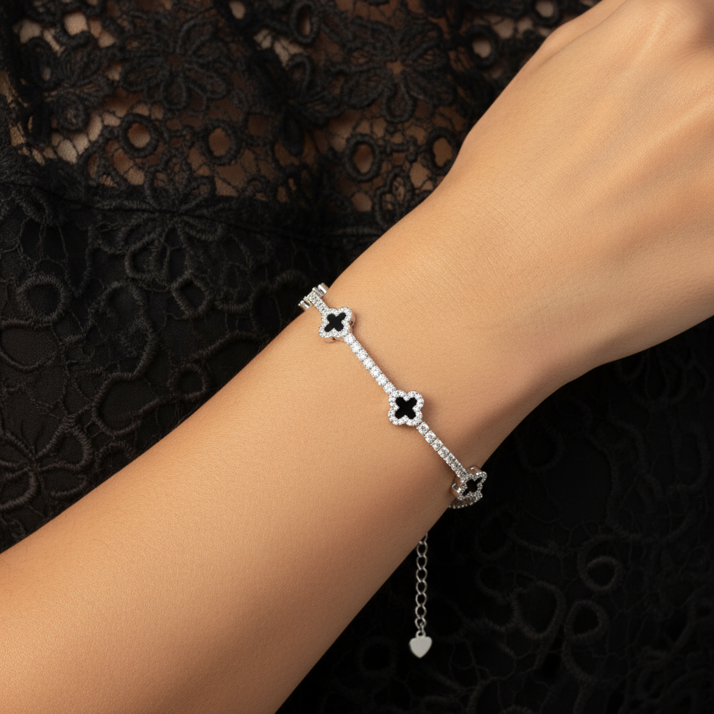 925 Sterling Silver Black Dainty Clover Tennis Bracelet