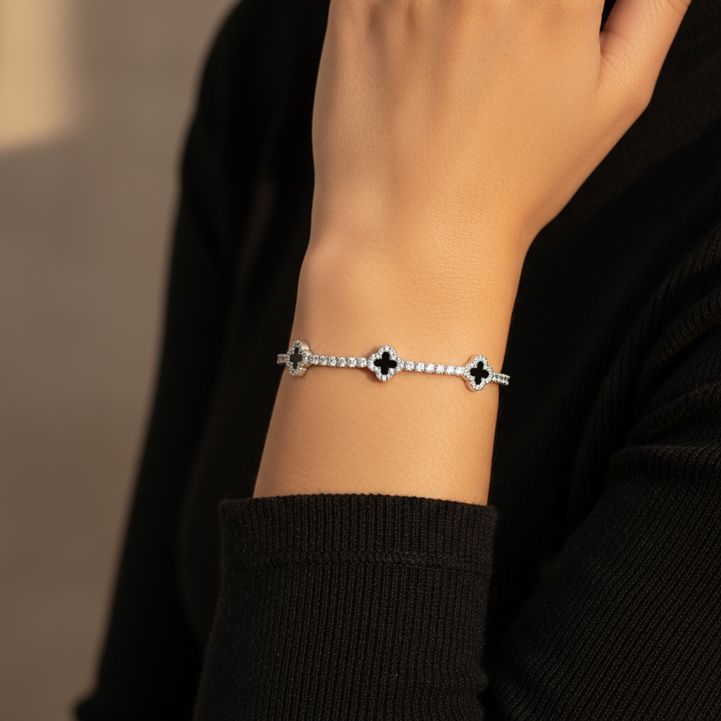925 Sterling Silver Black Dainty Clover Tennis Bracelet