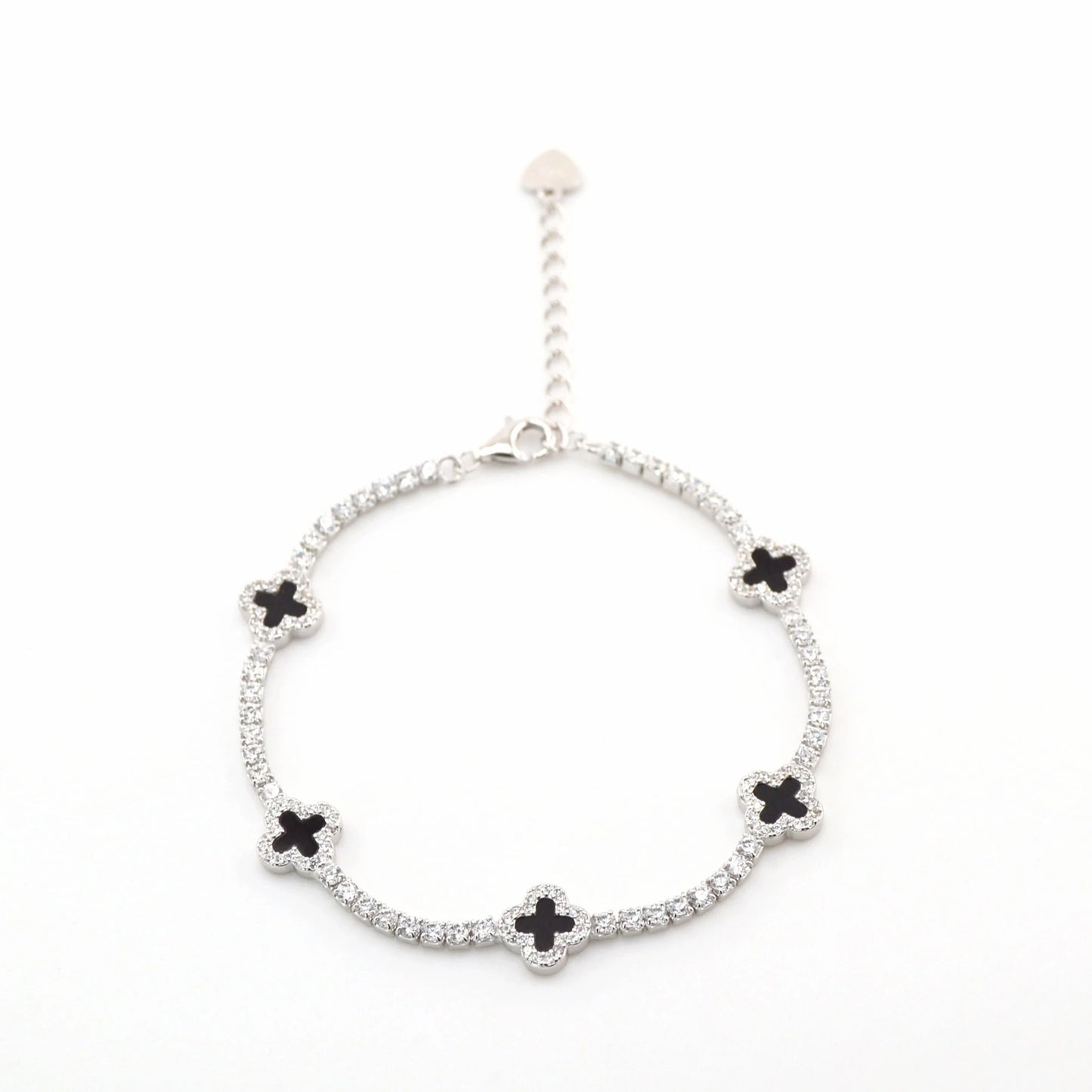 925 Sterling Silver Black Dainty Clover Tennis Bracelet