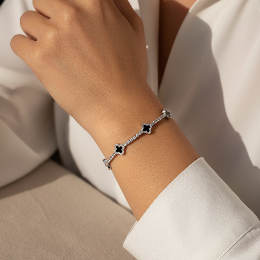 925 Sterling Silver Black Dainty Clover Tennis Bracelet