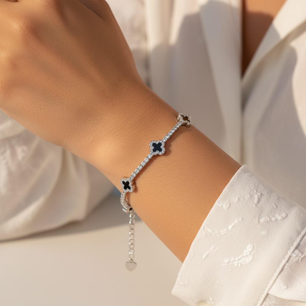 925 Sterling Silver Black Dainty Clover Tennis Bracelet