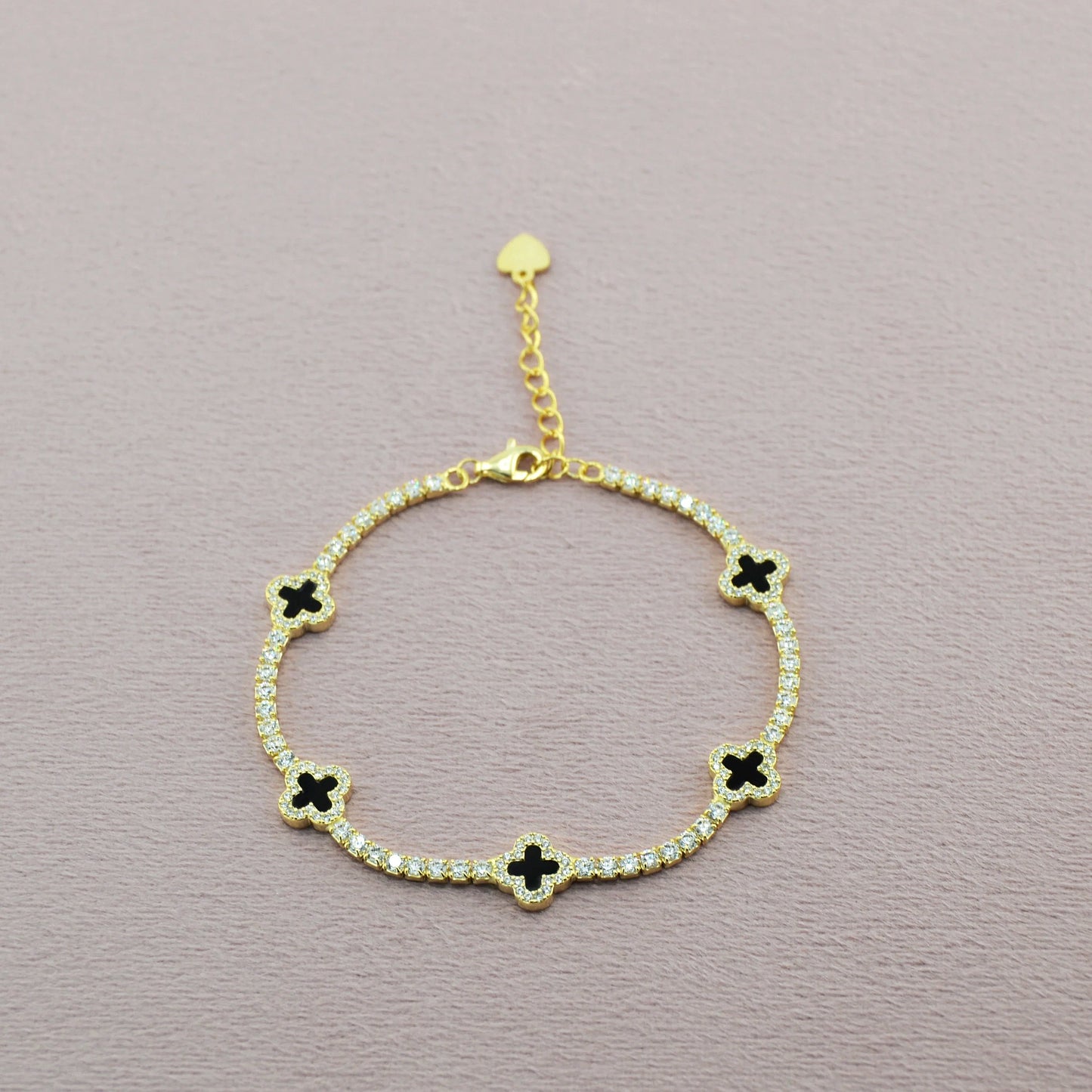 925 Sterling Silver Black Dainty Clover Tennis Bracelet