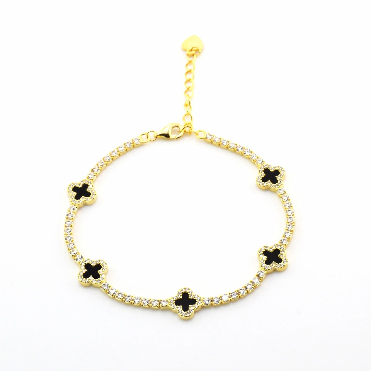 925 Sterling Silver Black Dainty Clover Tennis Bracelet