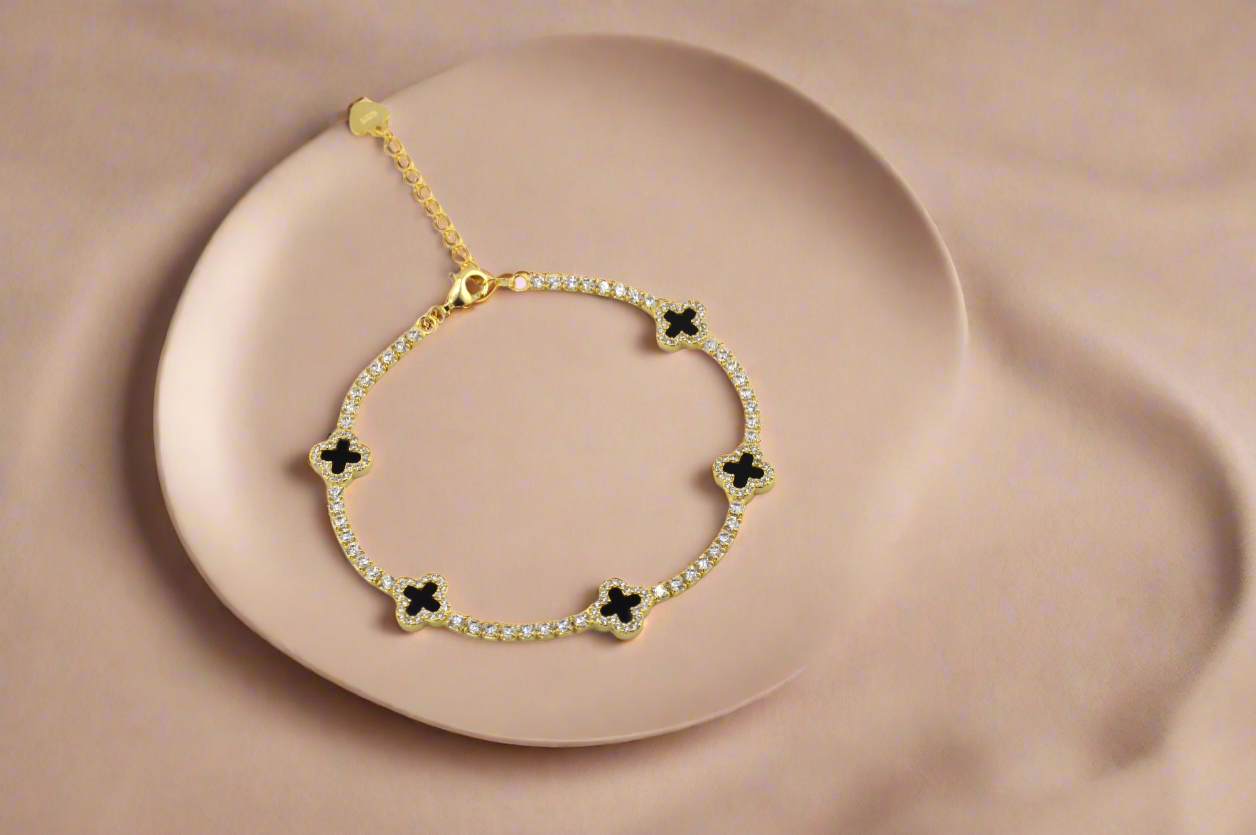 925 Sterling Silver Black Dainty Clover Tennis Bracelet