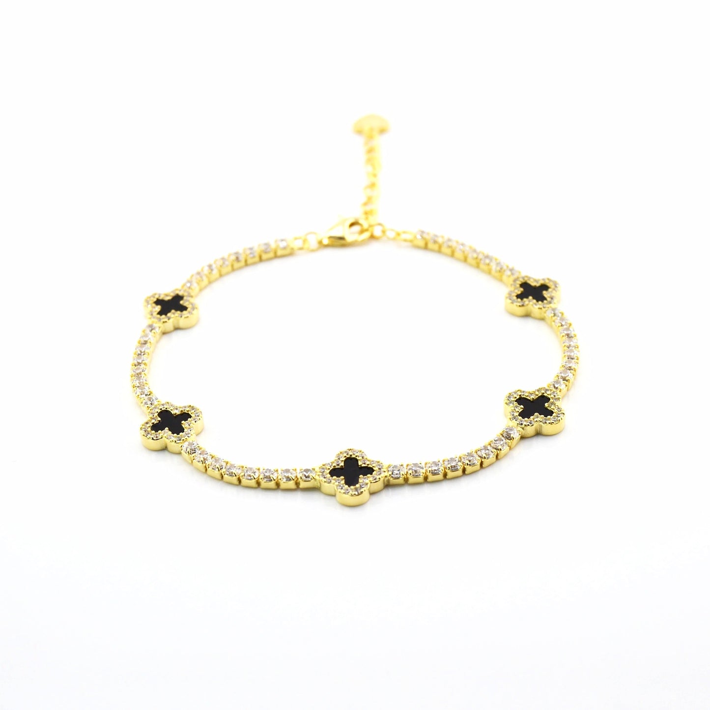925 Sterling Silver Black Dainty Clover Tennis Bracelet