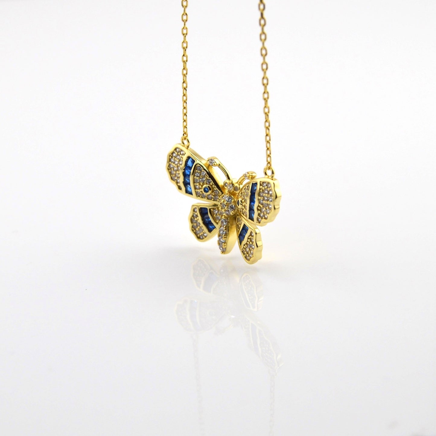 18K Gold Plated Over 925 Sterling Silver Blue CZ Butterfly Necklace