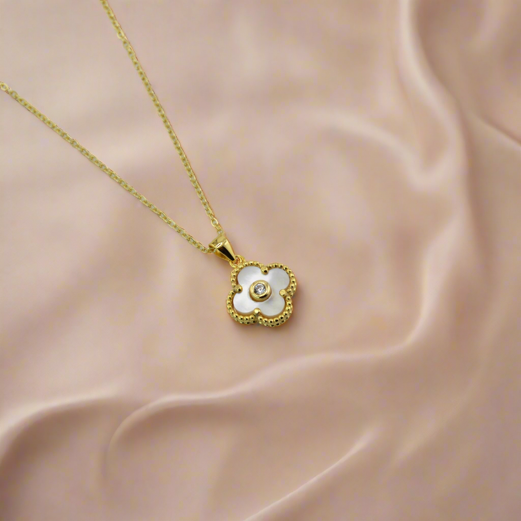 18K Gold Plated over 925 Sterling Silver Mother of Pearl Four Leaf Clover Necklace