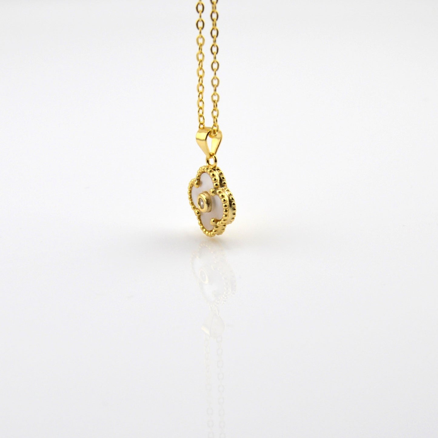 18K Gold Plated over 925 Sterling Silver Mother of Pearl Four Leaf Clover Necklace