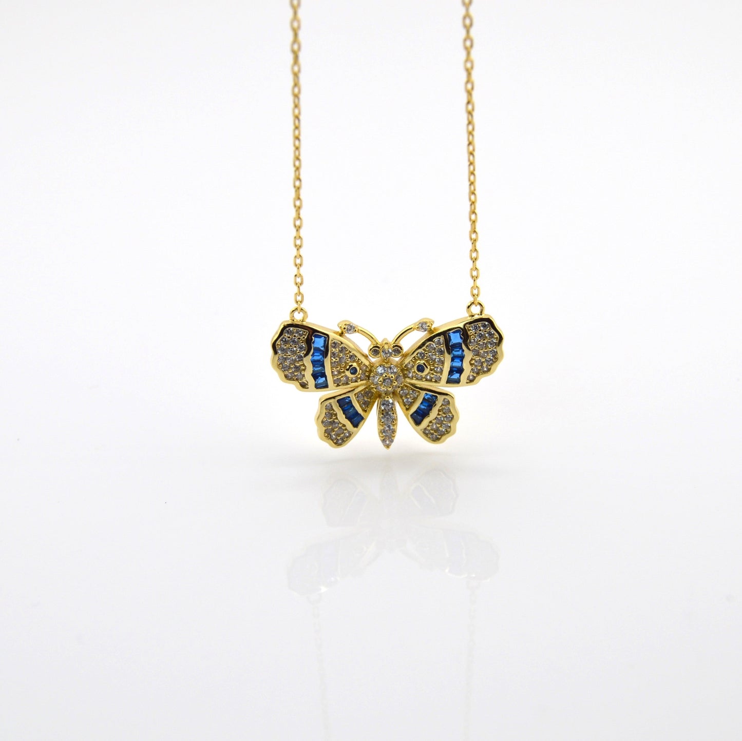 18K Gold Plated Over 925 Sterling Silver Blue CZ Butterfly Necklace