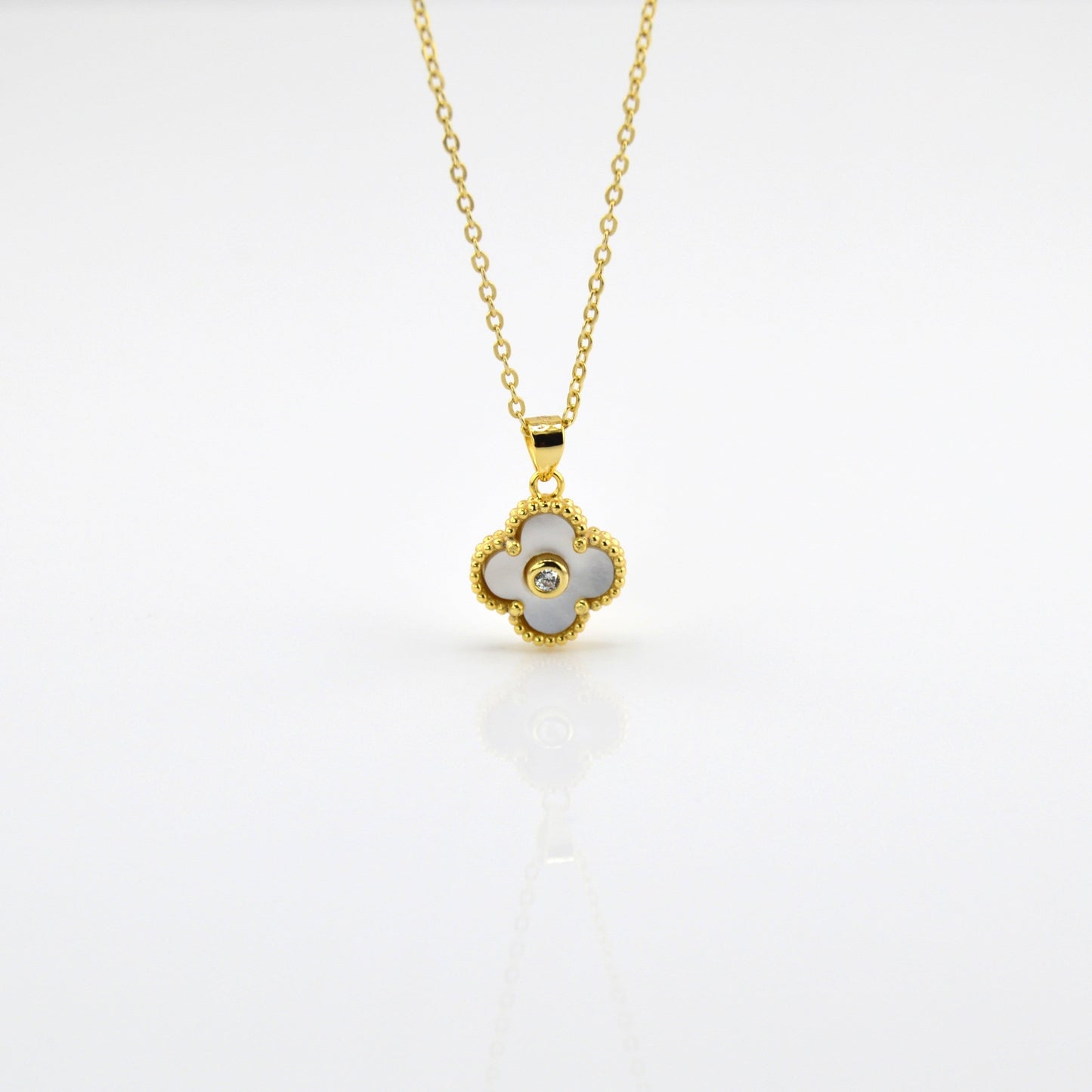 18K Gold Plated over 925 Sterling Silver Mother of Pearl Four Leaf Clover Necklace