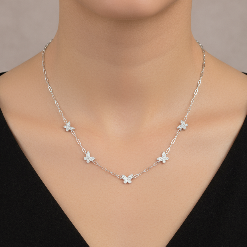 18K Gold Plated Over 925 Sterling Silver Dainty Butterfly CZ Link Necklace