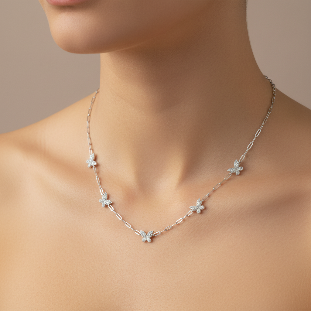 18K Gold Plated Over 925 Sterling Silver Dainty Butterfly CZ Link Necklace