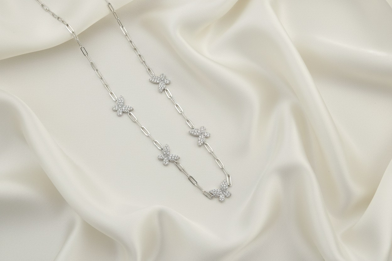18K Gold Plated Over 925 Sterling Silver Dainty Butterfly CZ Link Necklace