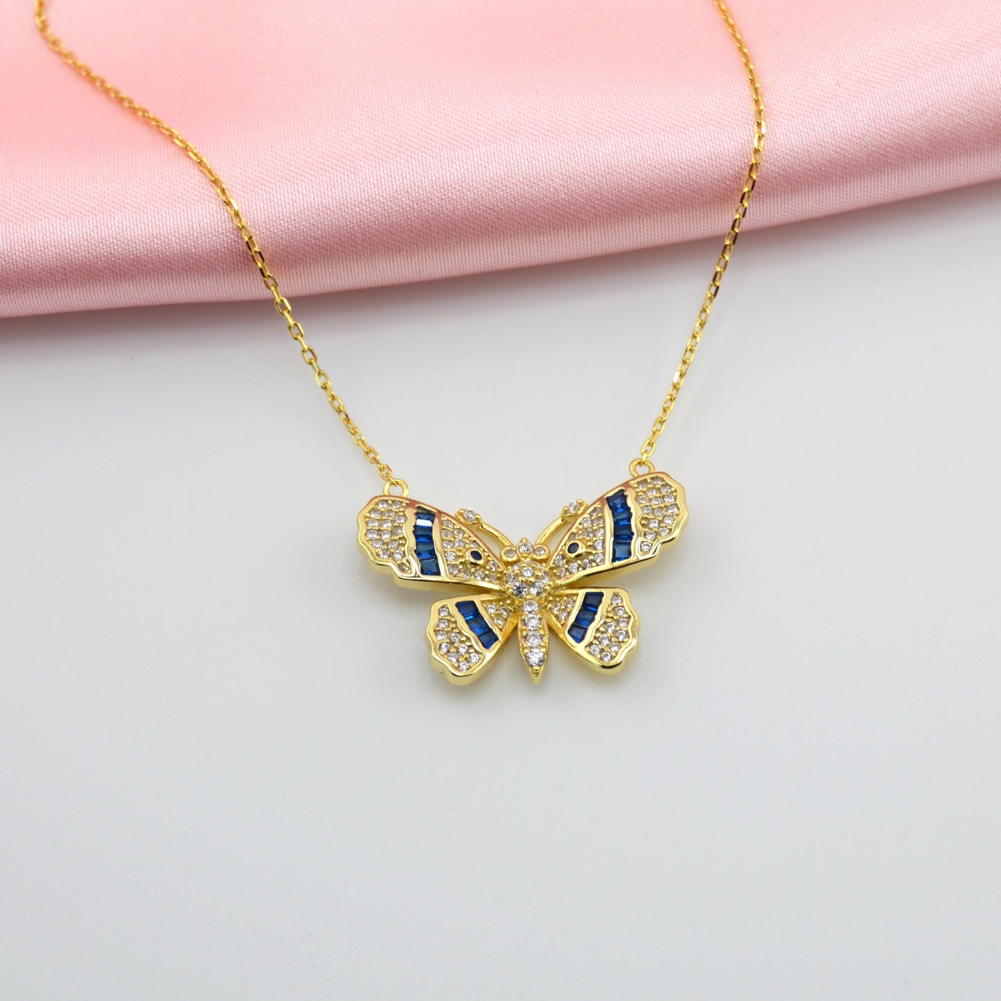 18K Gold Plated Over 925 Sterling Silver Blue CZ Butterfly Necklace