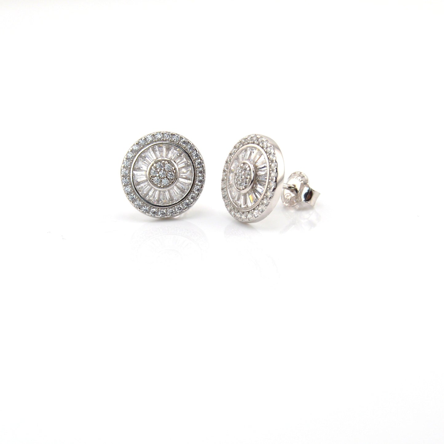 925 Sterling Silver Round Baguette Stud Earrings